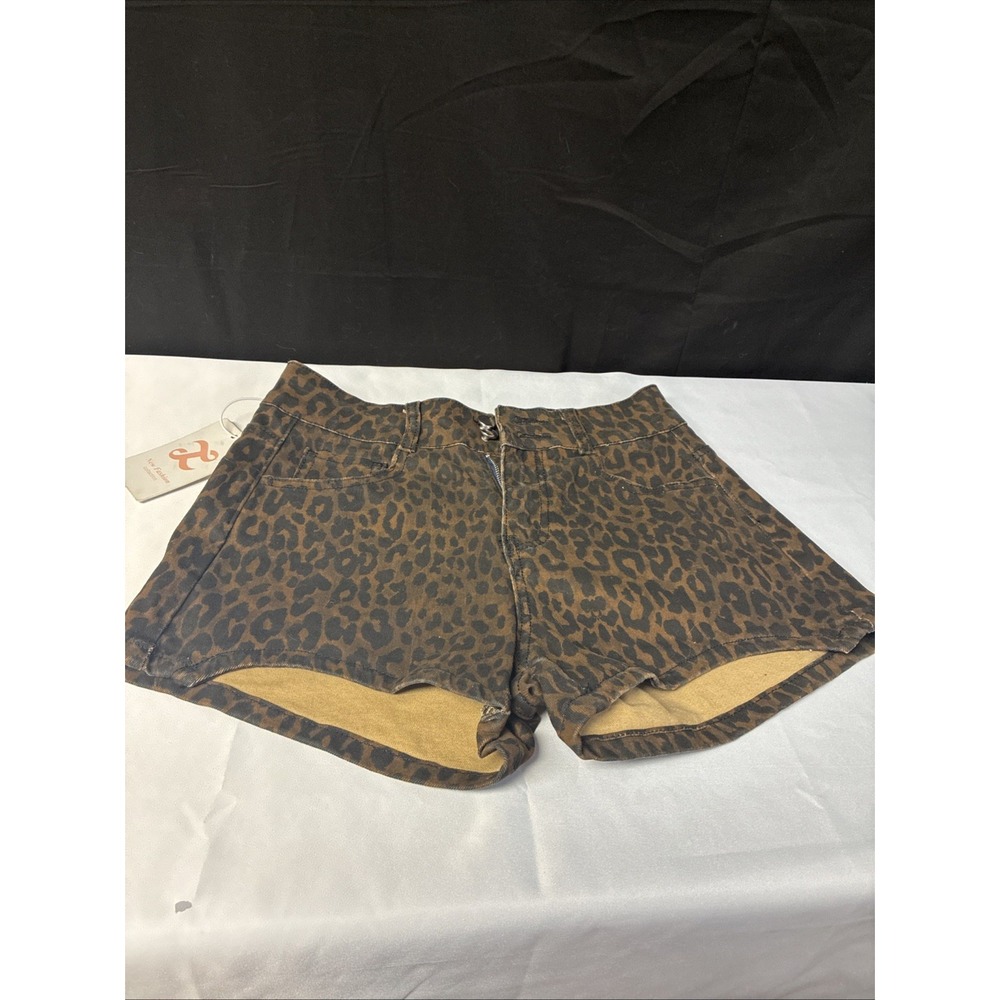L New Fashion Leopard Print High Waist Jean Shorts Brown Denim Size S NWT
